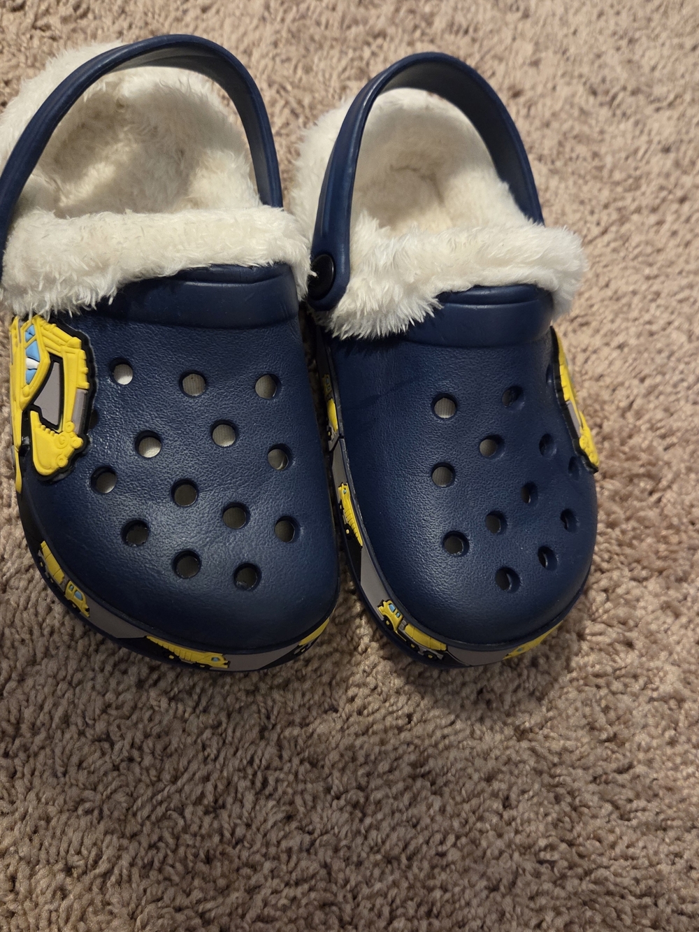 Kids Navy Faux-Fur Lined Clogs with Yellow Truck Accents